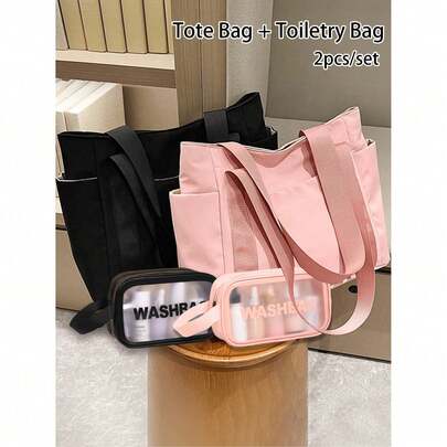Women's Large Capacity Oxford Cloth Tote Bag - Casual Minimalist Design With Zipper Closure And Adjustable Shoulder Strap, Suitable For Beach, Shoppin