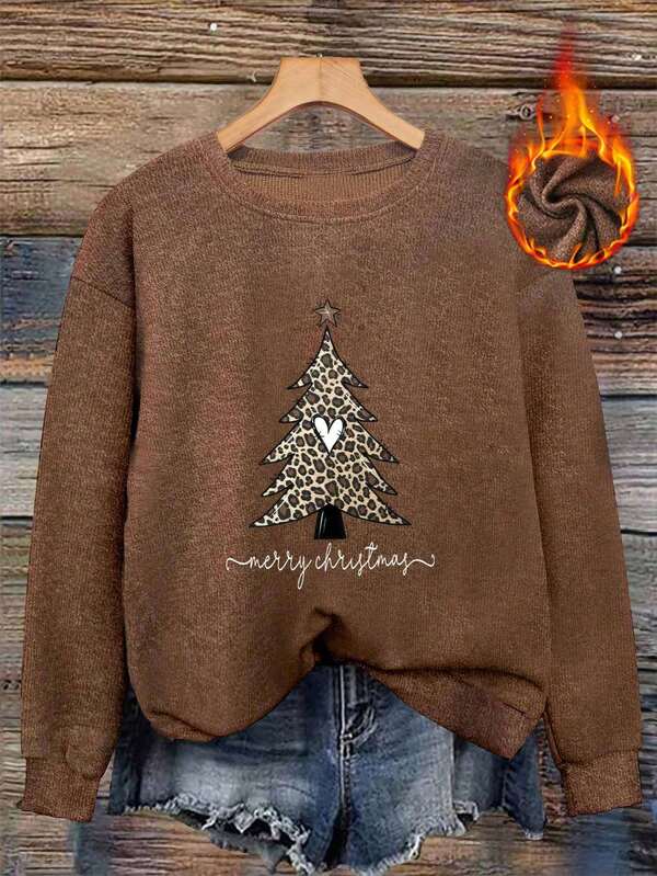 Leopard Christmas Tree Print, Merry Christmas,Women's Casual Fashion Elegant Imitation Sweater Hoodie Top, Exquisite Party, Family Comfortable Party, Daily Casual Wear, Christmas, Christmas Clothing, Christmas Women's Clothing, Christmas Gifts, Gifts For Mother, Machine Washable, Soft And Comfortable Fabric, Warm Inner Wear, Thanksgiving Gifts, Fall Women Outfits, Warm Clothes, Cold Weather Clothes, Going Out Tops, Patterned Tops