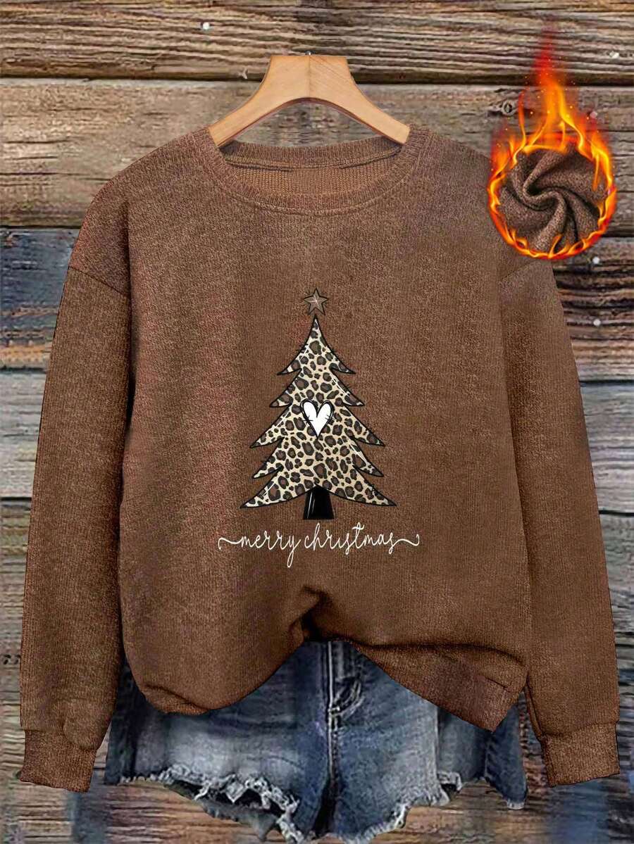 Leopard Print Christmas Tree Pattern, Merry Christmas, Women Casual Fashionable Elegant Faux Knit Sweater, Sophisticated Party, Cozy Family Gathering, Daily Casual Wear
