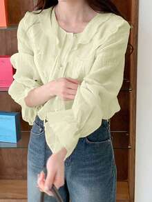 2026春秋新款荷叶边袖口长袖女式衬衫 - 杏色 - 查看 3