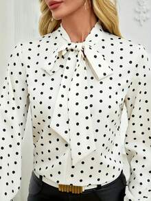 Women's Elegant Polka Dot Print Bowknot Collar Long Puff Sleeve Blouse, Fashion Top For Spring, Summer, Autumn, Machine Washable, Fitted Style, Delicate Appearance, Dot Tie-Front Button Up Casual Wear