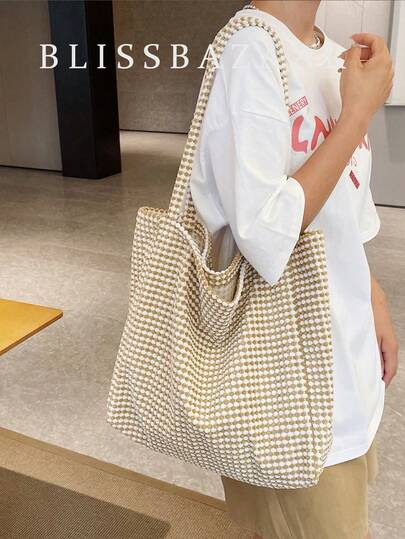 Casual & Concise Shoulder Tote Bag Woven Tote Shoulder Bag,Minimalist Bohemian Handbag With Insert Pouch For Work,Travel,Shopping,School Bag,Large Capacity,Portable,For Teen Girls Women College Students,White-Collar Workers,Perfect For Work,Back To School,Middle School,High School,College,Vacation , Bohemian Outfit For Women, Boho, Woven Bag, Cream Bag