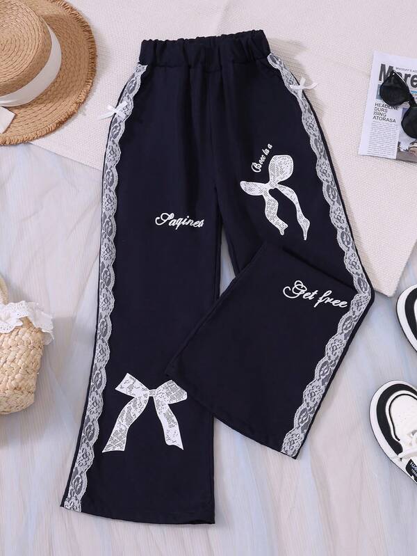 Pantalon de jogging ample à taille haute et jambes larges avec nœud en dentelle style ballerine, noir, pour préadolescentes, printemps/automne