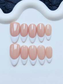 10pcs Handmade Press On Nails Almond,Simple Style,Mid-Length Nails, Handpainted White French Tip On Nude Color Nail Bed, Premium Acrylic False Nails, Suitable For Women And Girls Daily Wear, With Nail Accessories Press On Nails - trắng - Xem 3