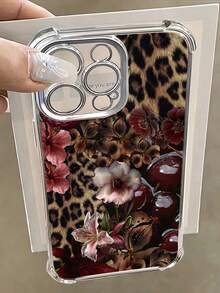 1pc Leopard Cherry Flowers Compatible With Apple Phone17/16/15/14/13/12/11/ProMax/Pro/Plus/Xs Max/XS/X,Four Corner Anti Fall Transparent Soft Shell Anti-Slip, Anti-Drop, Camera Lens Protection, Silicone Anti Wear Phone Case - 銀色 - 查看 3