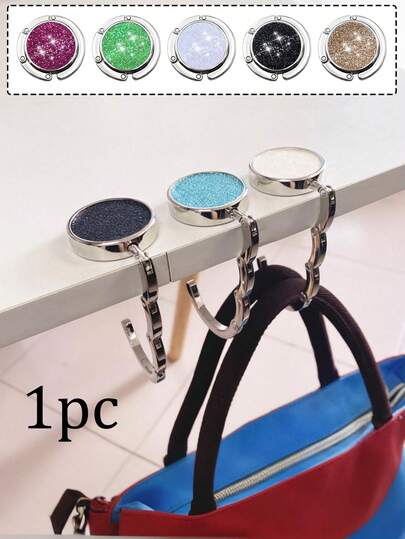 1pc Portable Foldable Exquisite Rhinestone Handbag Hanger,Full Diamond Hook,Keep Your Purse Securely Hung On Desktops In Cafes, Libraries & More! Not Easy To Fall Off, Strong Load-Bearing, No Trace Stickers, No Punching, Home Decoration, Wardrobe Hooks