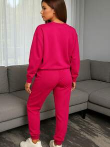 Conjunto de pants  Sudadera y pantalón  Felpa suave  Cuello redondo Estilo cómodo  Conjunto deportivo - Rosa Fucsia - Ver 5