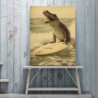 Impression artistique d'un alligator surfant : Décoration côtière, affiche verticale, sans cadre, style art déco, médium encre