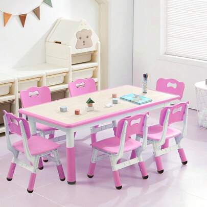 Kids Table And 6 Chairs Set,Toddler Table And Chair Set,Height Adjustable Children Multi-Activity Table,Kids Study Table Activity Table With Graffiti Desktop,Non-Slip Legs For Ages 2-10,Daycare Classroom Preschool