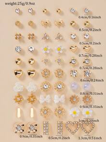 30 Pairs Assorted Cute Metal Stud Earrings Set - Bowknot, Flower, Heart, Snowflake, Rhinestone Designs, Fashion Jewelry Gift For Women, Suitable For Casual And Holiday Wear - Yellow Gold - View 5