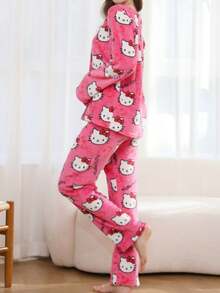 Sanrio طقم ملابس كاجوال لفتيات المراهقات مكون من ملابس علوية رقبة طاقم وبنطلون ناعم، طباعة رسوم كرتونية هالو كيتي، مناسب للشتاء