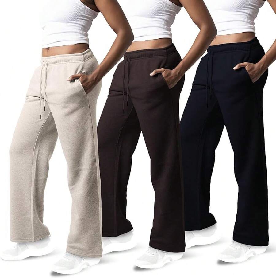 3 Pack Women's Wide Leg Sweatpants Workout And Yoga (Plus Sizes Available) ZQZF - Hitam / Coklat Tua / Krem - View 1