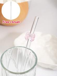 1 pièce/2 pièces Pailles en verre réutilisables avec nœud rose résistantes aux chocs, pailles de boisson pliables mignonnes avec brosses de nettoyage pour boissons froides et chaudes, thés, bar, accessoires de tasse pour enterrements de vie de jeune fille et fêtes tropicales, set de boisson fantaisiste pour jardin de fées et décoration de mariage, fournitures de fête de Noël, dîner en famille