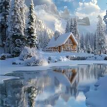 1 set de pictură cu diamant 5D pentru Crăciun de iarnă, cu tema Lac de gheață și cabană, cel mai bun cadou de ziua de naștere, cadou perfect de sărbători, potrivit pentru decorarea rafinată a mobilierului în dormitoare, camere de zi, birouri și bucătării