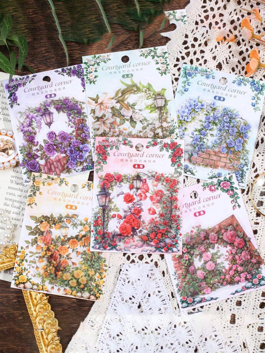 30 Pictures/Package Flower Series Corner Stickers Suitable For Collage Decorative Table Frames And Photo Frames Diary Border Self-Adhesive Paper,Sticked On Suitcase Computer Water Cup Mobile Phone Case Refrigerator Wall Helmet Cabinet Box Door Bed Guitar,Classroom Samolepky,School Supplies,Teacher Accessories