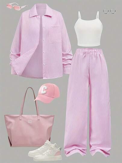 Conjunto de 3 piezas elegante para niña joven, que incluye chaqueta a rayas rosa, pantalones y camiseta de color liso, estilo deportivo casual de moda para uso diario