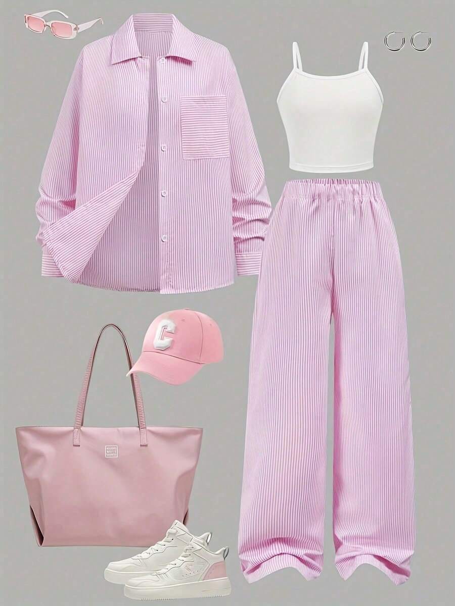 三件套优雅少女套装，包括粉色条纹外套、裤子和纯色吊带背心，时尚休闲运动风，适合日常穿着。 - 粉色 - 查看 1