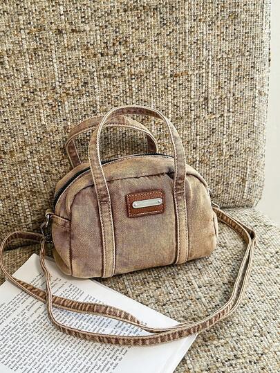 Borsa alla moda per donna, nuovo arrivo in stile Ins, borsa versatile da spalla/a tracolla, chiusura con cerniera, borsa Boston in tessuto di jeans