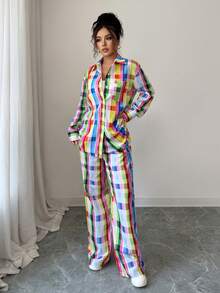 Women's 2pcs Set Colorful Plaid Print Long Sleeves Shirt And Elastic Pants For Loungewear Soft Sleepwear Casual Style, Vintage Inspired Fashion ,Can Be Worn Outdoor,Has The Look And Feel Of Cotton