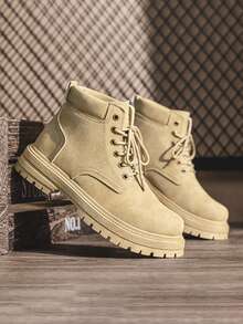 Autumn Leather High-Top Outdoor Boots For Men, Anti-Slip & Durable Thick Sole Work Boots (Random Stripe, Line, Letter Or Asymmetrical Pattern On Shoe Upper)