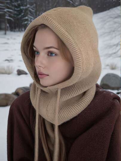 1 件女式抽绳仿领拉法帽，户外滑雪保暖针织面部和颈部防护连帽斗篷，适合冬季防寒