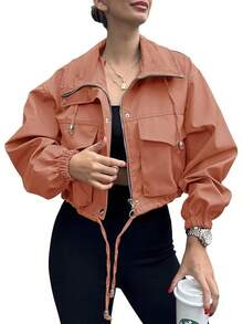 Womens Cropped Zip Up Lightweight Oversized Utility Anorak Coat With Pockets, Style EBU0 - Brick Red - View 1