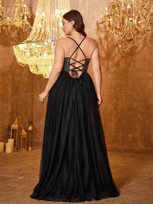 UNITHORSE Plus 女士优雅 Spraghetti 露肩亮片撞色网眼面料性感露背绷带设计可调节晚礼服 - 黑色 - 查看 2