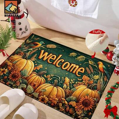 1 szt. Antypoślizgowa mata drzwiowa z motywem kukurydzy i dyni na Święto Dziękczynienia, Super Fiber Antypoślizgowa mata drzwiowa, odpowiednia do dekoracji świątecznych, kuchni, łazienki, jadalni, sypialni, może być prezentem na Święto Dziękczynienia