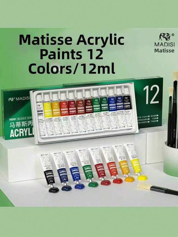 MADISI Acrylic Paint Set, 12 Colors X 12ml (0.4 US Fl Oz) Vivid & Rich Premium Artist Paints For Canvas Painting, DIY Crafts, Beginners & Professional Artists, Quick-Drying
