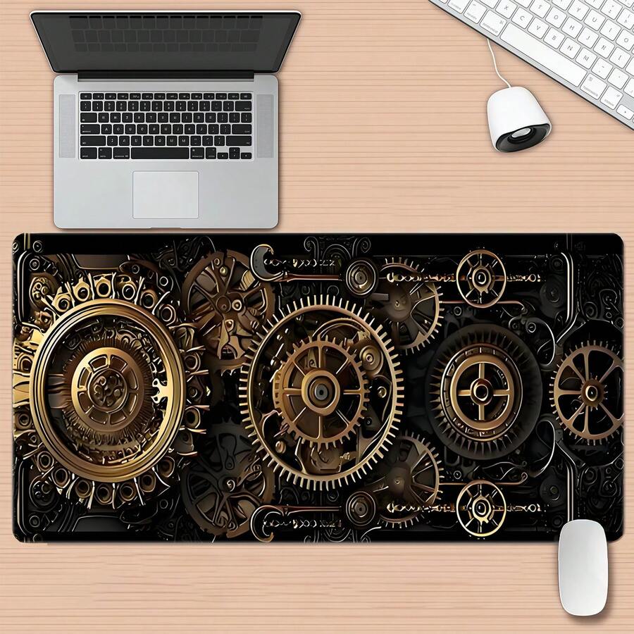 1pc Vintage Steampunk Gear Silicone Mouse Pad, Expanded Keyboard Desk Mat, High Definition Printing, Minimalist Style, Black Surface, Office & Gaming Accessory
