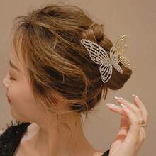 1pc Women's Gold Crystal Faux Pearl Hair Claw Barrette, Minimalist Elegant Butterfly Large Metal Hair Clip Winter Hair Accessories Fashion Hair Clutch Elegant Claw Clips