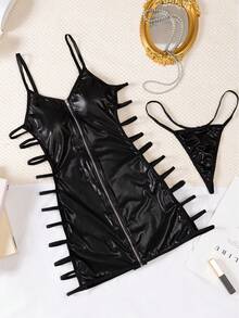 2 件套女士睡衣套装：拉链性感内衣镂空细肩带睡袍和丁字裤，Rave - 黑色 - 查看 11