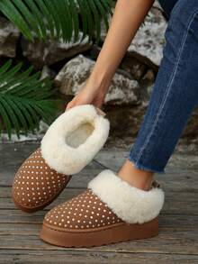 Bốt đi tuyết đế dày chống trượt, lông ấm áp đính đá cỡ lớn thu/đông dành cho nữ - màu nâu - Xem 1