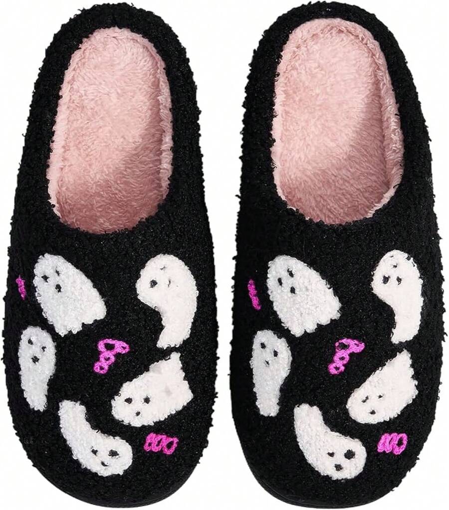 Cozy Plush Halloween Pumpkin Slippers, Non-Slip Fluffy Design - Butterfly Ghost - View 1