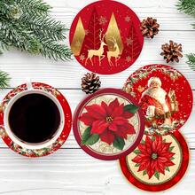 4 piezas/8 piezas Posavasos con tema navideño, posavasos absorbentes con estampado navideño para café, cocina, mesa, habitación, decoración de bar, regalo navideño - Multicolor - Ver 10