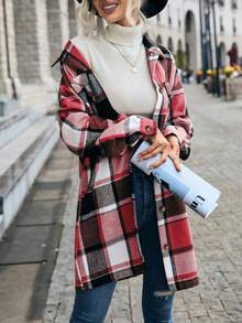 Áo sơ mi vải nỉ cài nút tay dài kẻ caro cho nữ, áo blouse công sở thường ngày, váy sơ mi dài vừa phải, dày dặn, thời trang mùa xuân/thu, quần áo mùa thu - Đỏ - Xem 3