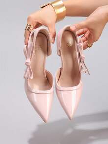 Giày cao gót nơ thời trang, giày cao gót dự tiệc mũi nhọn gợi cảm, giày cao gót khoét lỗ siêu cao, da bóng màu hồng, thanh lịch - Hồng - Xem 4