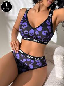 1 Set Halloween Skelett Kontrast Farbe Englisch Schleife Damen BH und Slip Set - Schwarz - Übersicht 1