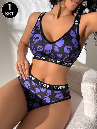 1 set de soutien-gorge et culotte pour femmes avec ruban anglais de couleur contrastée motif squelette d'Halloween
