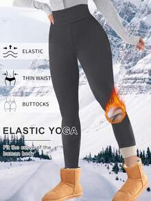 1 件女式高腰保暖内衬保暖紧身裤，厚实保暖秋冬打底裤，收腹瑜伽紧身裤，防滑设计，舒适弹力面料，适合健身、居家、户外瑜伽 - 灰色 - 查看 2