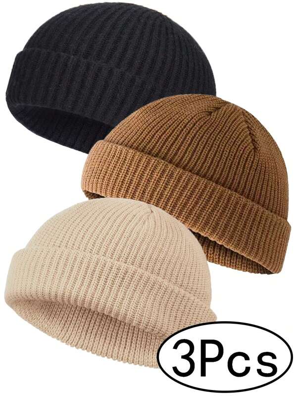3 Pcs Trawler Beanie Watch Hat Roll Up Edge Skullcap Fisherman Beanie Unisex Cap Winter Warm