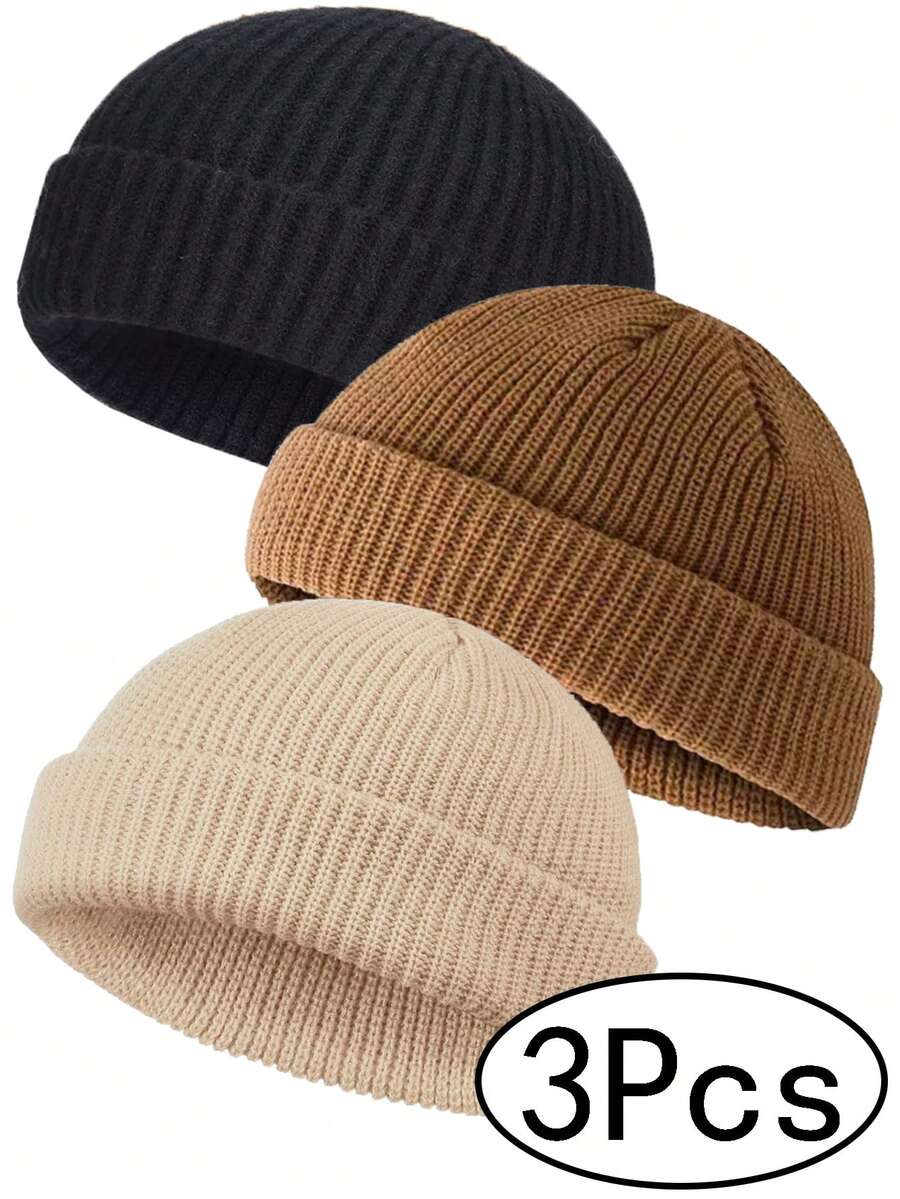 3 Pcs Trawler Beanie Watch Hat Roll Up Edge Skullcap Fisherman Beanie Unisex Cap Winter Warm - A - View 1