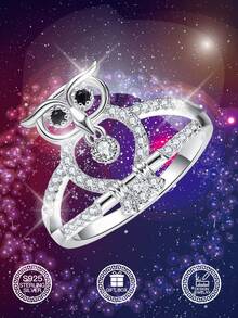 1pc S925 Sterling Silver Owl Shaped Ring, Black Synthetic Cubic Zirconia Eyes, Mysterious & Sparkling Synthetic Cubic Zirconia, Suitable For Daily Wear, Dates, Weddings, Celebrations, Easter, Halloween, Valentine's Day, Mother's Day, Birthday Gift, Comes With Gift Box
