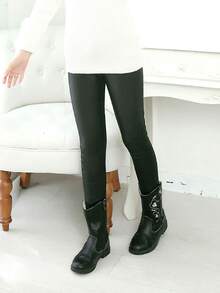 1pc Girls' Autumn/Winter Thick PU Leather Leggings, Glossy Smooth Easy To Clean, Girls' Fashion Versatile Skinny Tights - Black - View 6