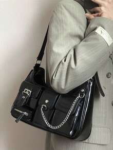 2025新款女士纯色单肩包，纯色大容量多口袋复古Y2K长款单肩包，可腋下携带，嬉皮时尚单肩包，适合酷女孩手提包和钱包 - 黑色 - 查看 7