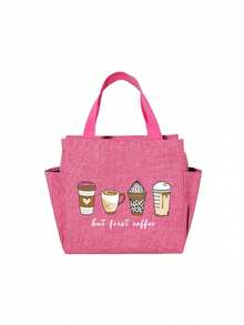 2pcs/Set Lunch Bag Insulated Bag, Printed Coffee Pattern Lunch Bag, With Black Cutlery Storage Bag, Double Pocket Lunch Box Bag, Large Capacity, Student Teacher Meal Insulated Cooler Bag, Portable Travel Picnic Bag, Office School Lunch Bag, Insulated Lunch Box, Work Lunch Box, Office Holiday Lunch Box, Multifunctional Camping School Lunch Box, Unisex, Back To School Gift