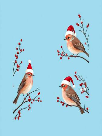 3pcs Christmas Hat Bird Window Clings, Christmas Themed Decoration, Red Berry Branch And Snowflake Wall Decals, Double-Sided Printed Decor Stickers For Living Room And Bedroom Glass Doors And Windows (Size: 32.99cm * 30.99cm) Wall Stickers Room Decor Wall Decor Wall Sticker Bedroom Decor Kitchen Decor Home Decor