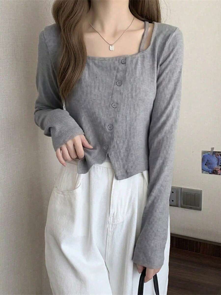 秋季女款独特设计不对称纽扣短款长袖T恤上衣 - 灰色 - 查看 1