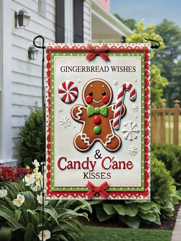 1 Stück Weihnachtsgarten Flagge - Lebkuchenmann und Zuckerstangen Design, "Lebkuchenwünsche und Zuckerstangenküsse" Feiertags Outdoor Dekoration, strapazierfähiges Polyester Outdoor Dekofahne, 12x18 Zoll, geeignet für Rasen, Veranda, Terrasse und Gartendekoration (Fahnenmast nicht enthalten) Hervorragend für Weihnachtsdekoration, Raumdekoration, Outdoor-Dekoration, Veranda-Dekoration