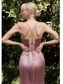 HIGH QUALITY SATIN DRESS WITH CORSET - Coral - View 2